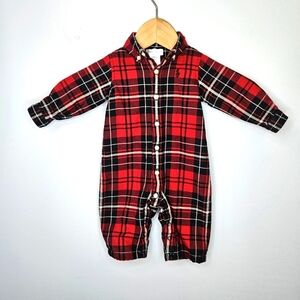 Ralph Lauren Button Up Flannel Plaid Romper Size 3M